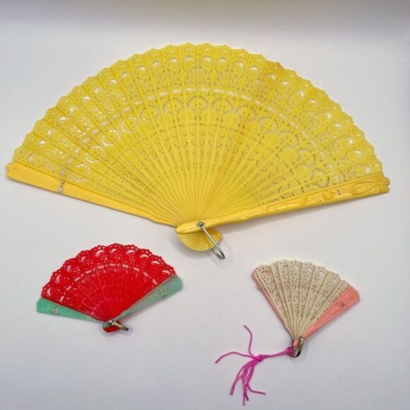 Antique Celluloid Brise Pierced Ribbon Folding Fan Looks Lot Of 3 Hong Kong - Picture 1 of 8